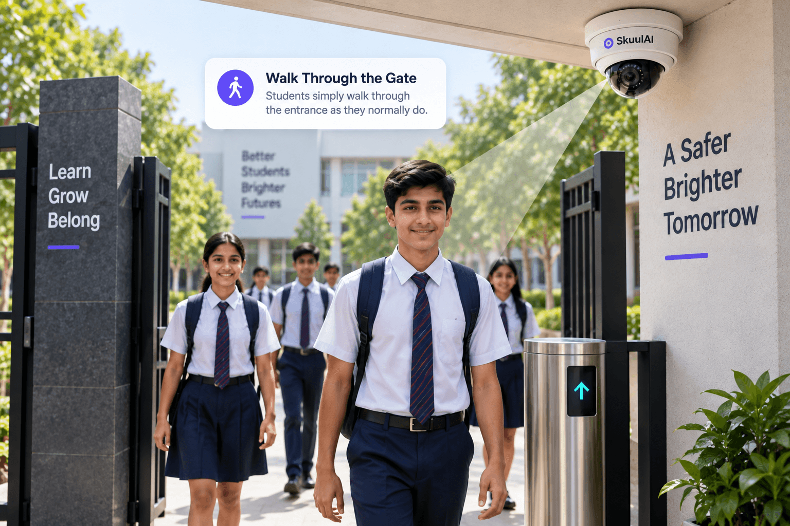 Students walking normally through school entrance gate