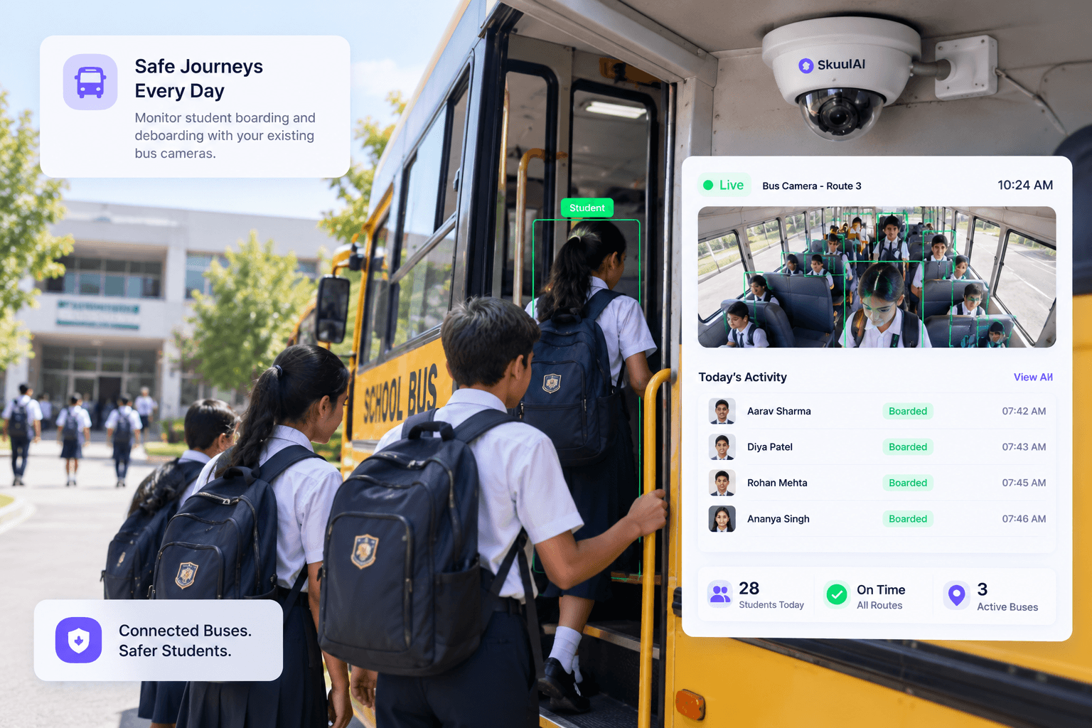 School bus boarding with student tracking and camera feeds